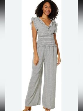 Max Studio London Black & White Striped Smocked Wide-Leg Jumpsuit XL